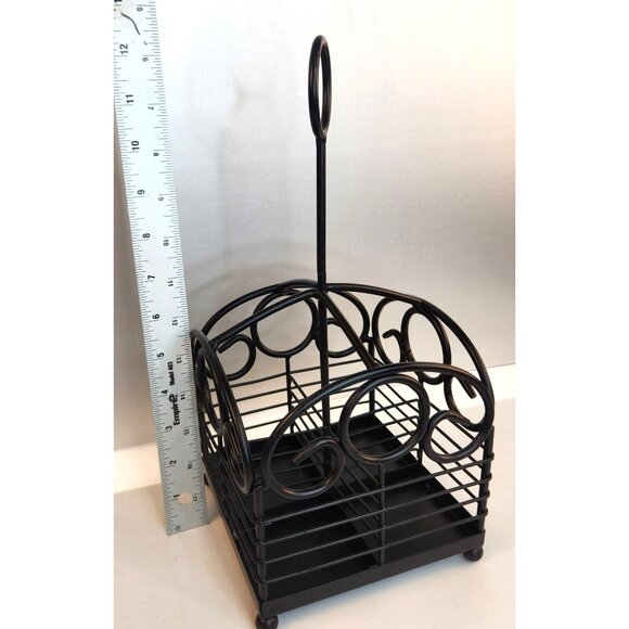 Black Wrought Iron Utensil and Condiment Holder Rustic Scroll Design Caddy with - Picture 3 of 5